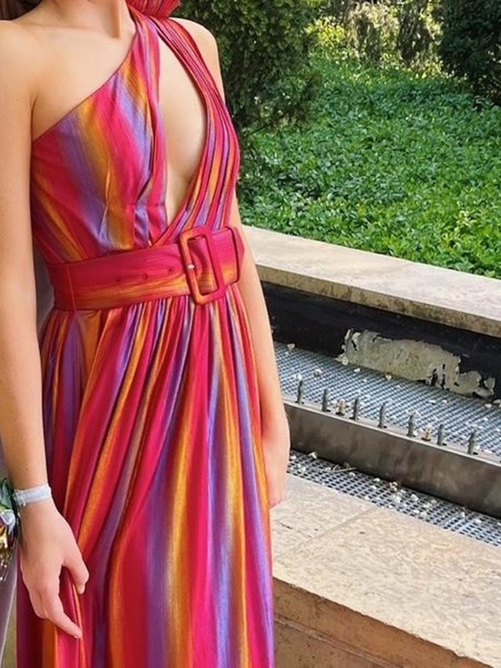 retrofête Multicolor Striped One-Shoulder Sleeveless Belted Maxi Dress Size XL - Picture 11 of 11